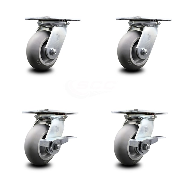 5 Inch Thermoplastic Rubber Swivel Caster Set with Ball Bearings 2 Brakes SCC